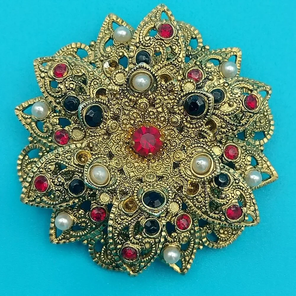 W. GERMANY Ornate Filigree Flower Brooch Pin 1.75
